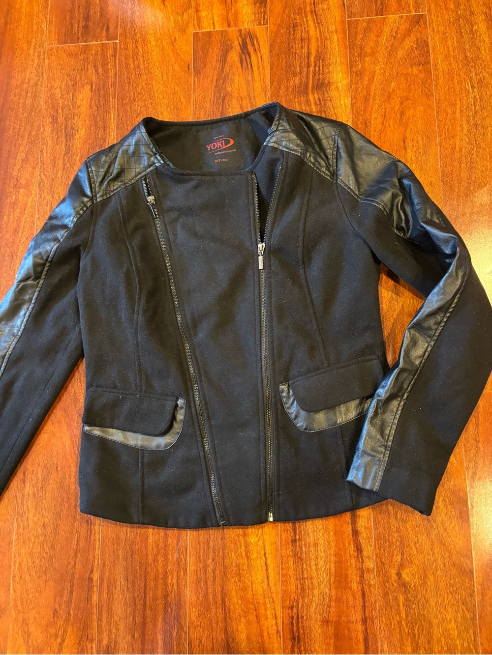 Yoki Black Mixed-Media Bomber Jacket with Faux Leather Trim